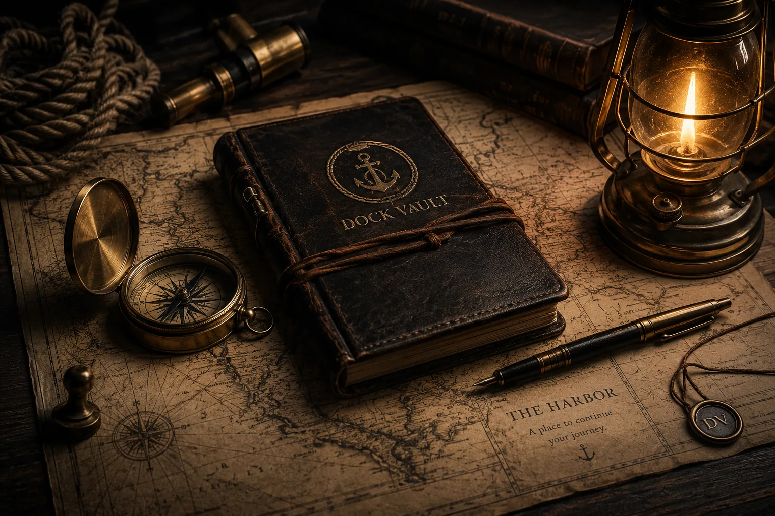 Een oud maritiem logboek, kompas en lantaarn op een zeekaart