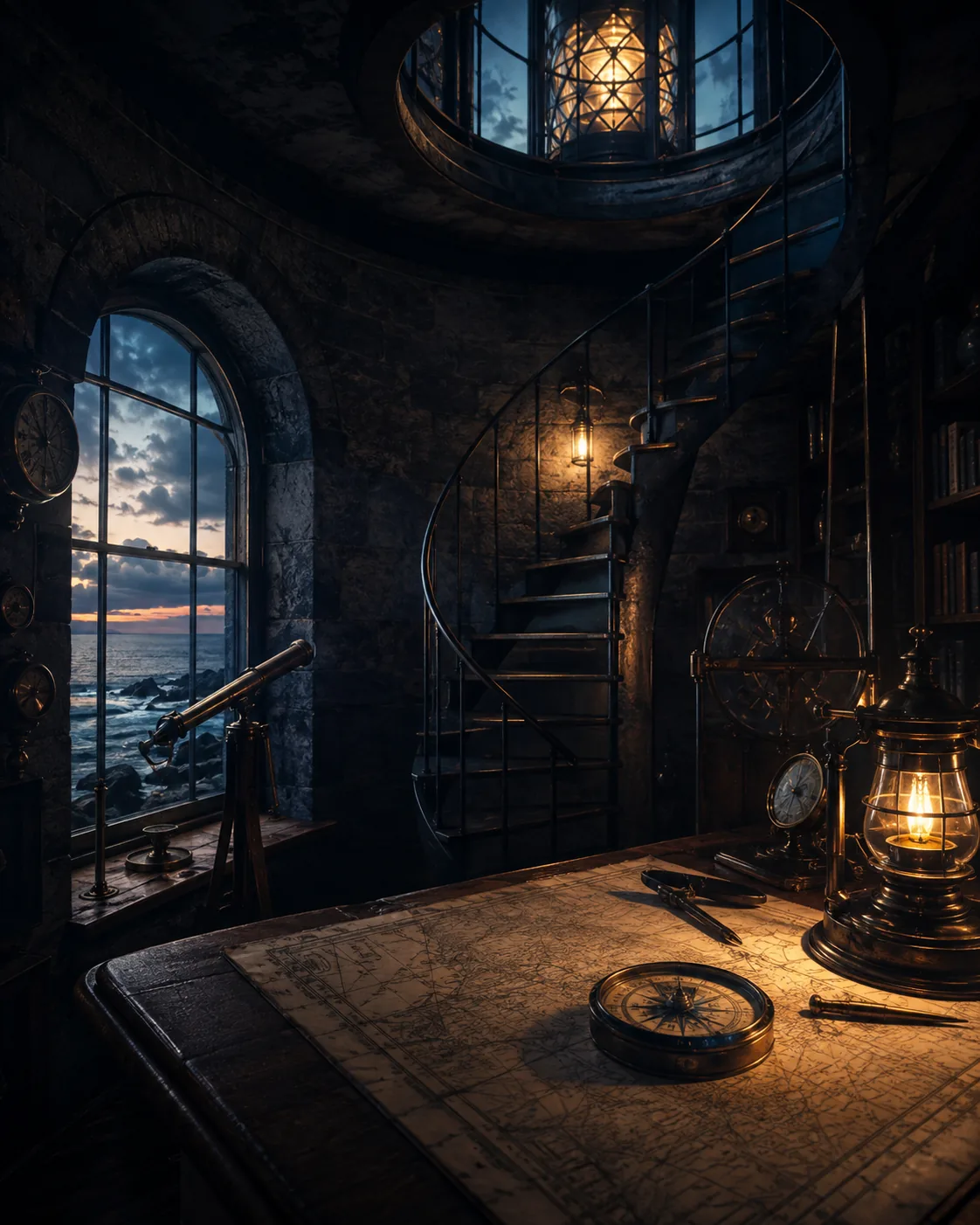 Het interieur van de Dock Vault-vuurtoren met een wenteltrap, nautische instrumenten en warm lantaarnlicht