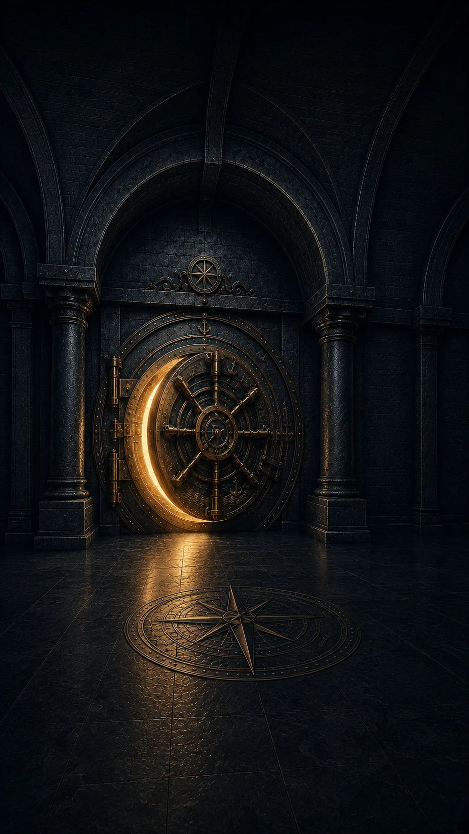 Een monumentale Dock Vault-kluisdeur in een oude stenen muur, met warm licht dat door de opening schijnt